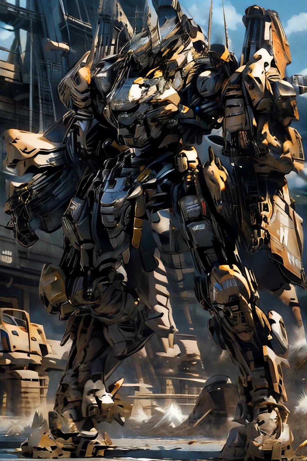 Large robot, height around five to six meters, robust armor, retractable armaments on the limbs, turbines for flight, intimidating appearance, aspects of modern Sci-Fi films such as Pacific RIM and others similar, art in the style of François Baranger. Ultra HD.