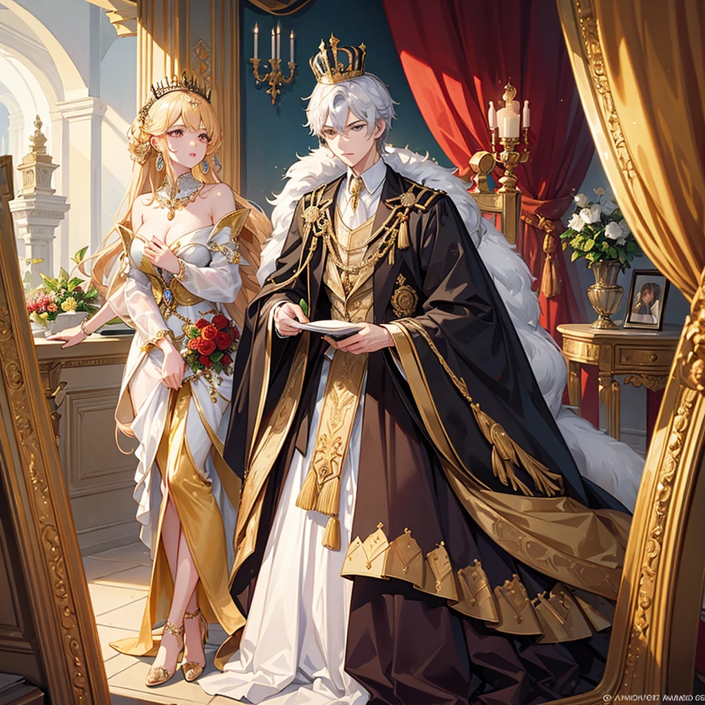 Make me a hybrid male king and female queen, elegant, expensive and colorful clothes, I want something elegant that represents the monarchy