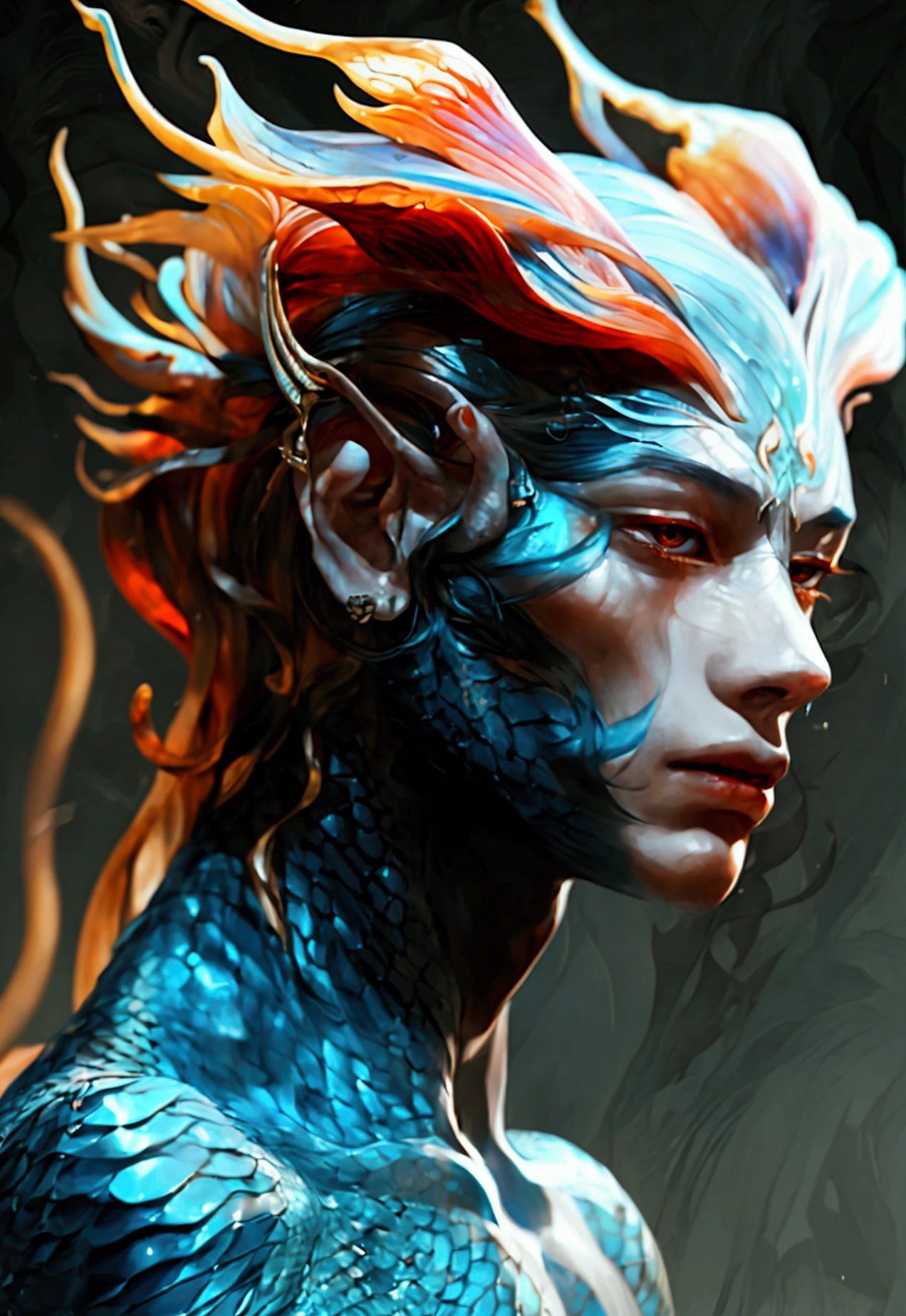 A male naga with Androgynous, delicate facial features that blend masculine Pale, porcelain-like skin with a soft, flawless complexion that radiates an almost ethereal quality Long, flowing hair that cascades around the face and shoulders, the color a rich, deep shade of blue or midnight black A slender, lithe upper body with a graceful, almost dancer-like posture, devoid of overt musculature Naga Traits: The naga’s lower body seamlessly transitions into a long, serpentine tail covered in glistening, iridescent scales that shift and glimmer with a mesmerizing array of colors The tail is powerful and sinuous, tapering to a dramatic point and suggesting the naga’s incredible strength and agility The naga’s hands may have a subtle clawed or reptilian quality, hinting at their dual nature