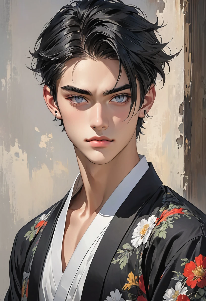A teenager tall and well-toned, with piercing grey eyes, neatly styled black hair and sharp jawline and refined facial features