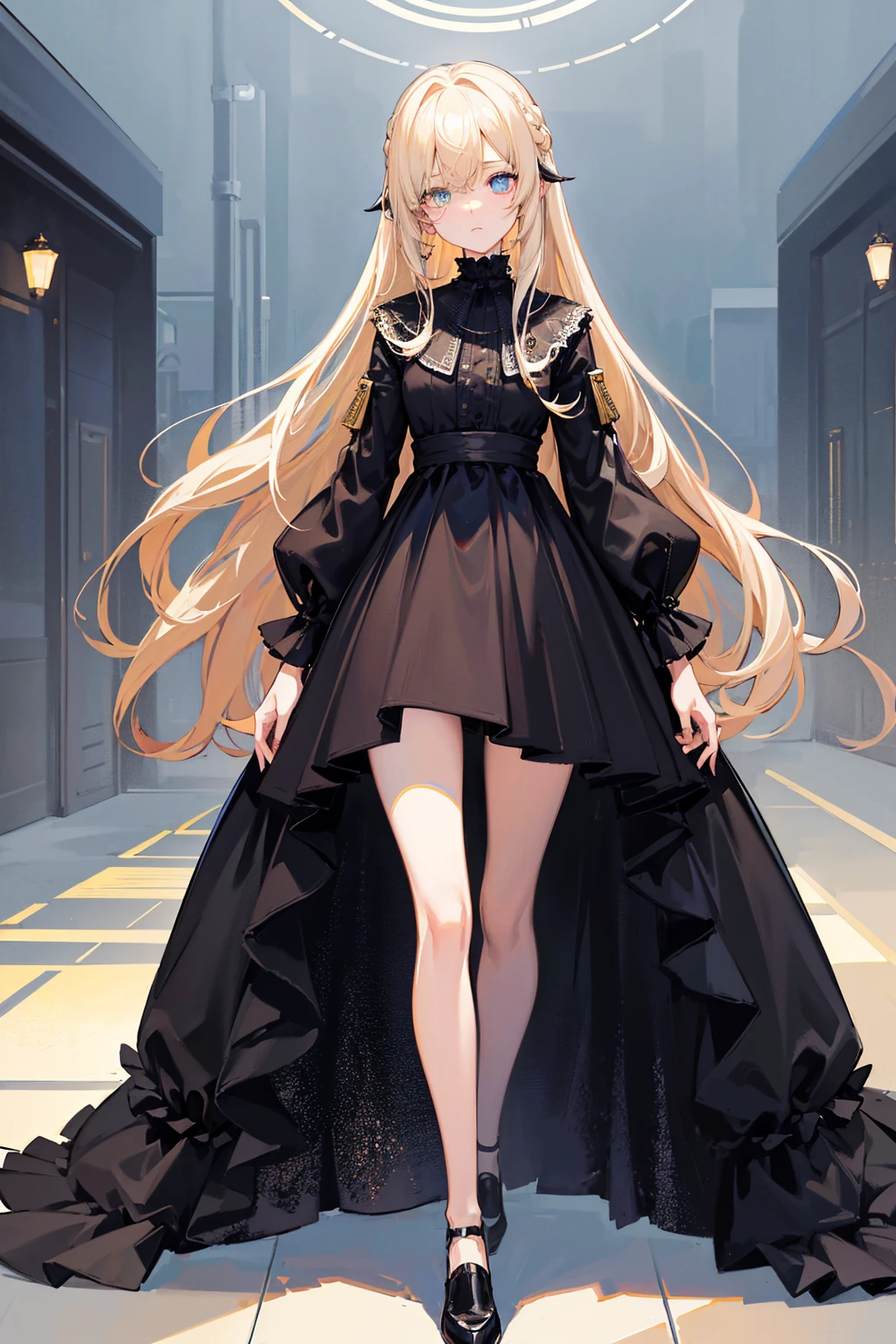 best quality,masterpiece,ultra detailed,Add layer,detailed eyes,slim,skinny,slim legs,small hips,1 girl,
15 years old,Horror,slim breast,
(heterochromia,Yellow eye,blue eye),((big eyes)),slant eyes,upturned eyes,glowing eyes,
(hair over one eye),long hair,Ash blonde,wavy hair,shiny hair,silky hair,((extra long sideburns)),
expressionless,looking up,
black,peasant dress,(long skirt),pantyhose,
standing,Full body,contrapposto,
(Mist:1.5),Europe architecture,low brightness,