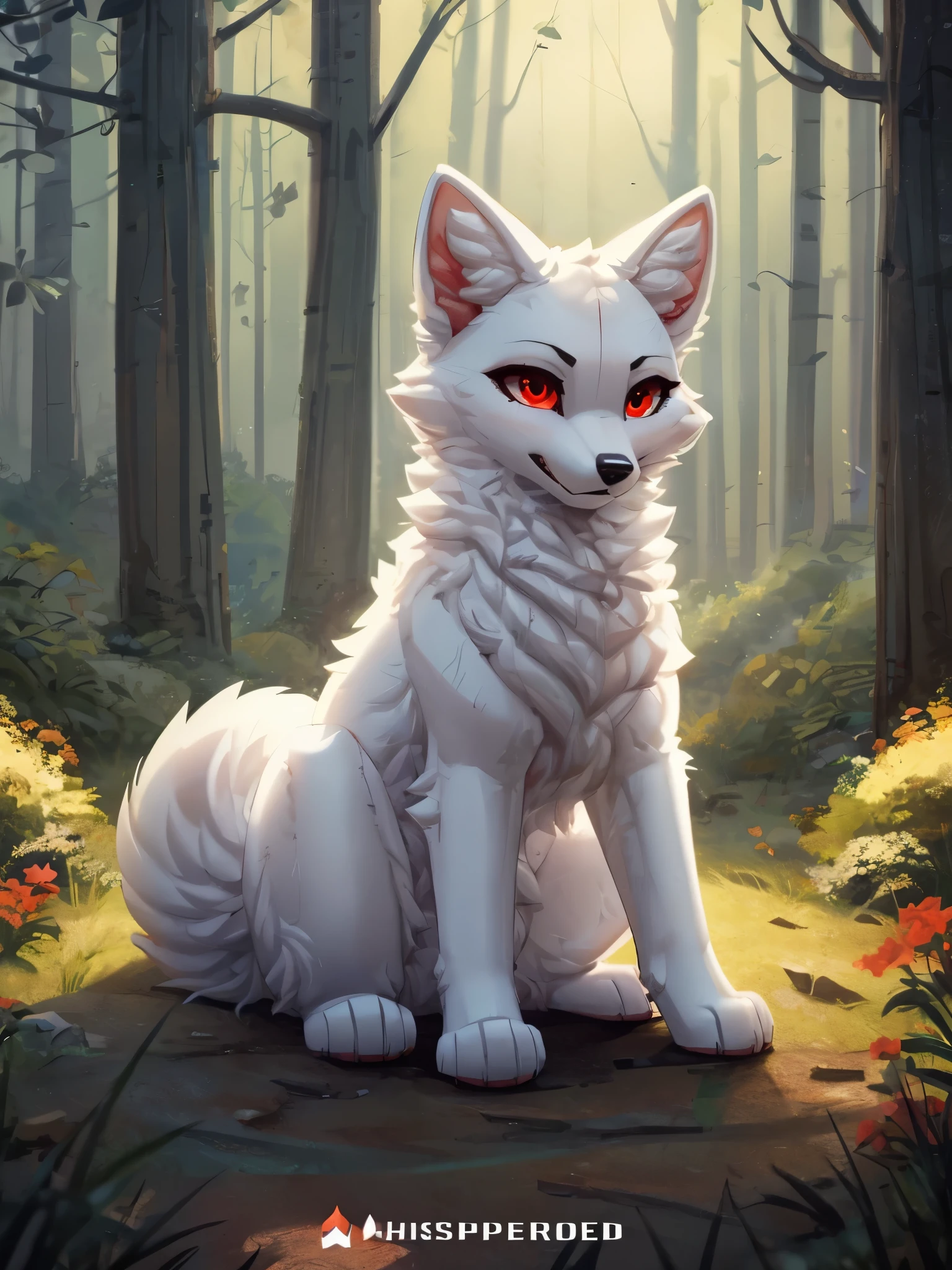 Solo, Cinematic, Arctic fox, white fur, female, feral, long fluffy tail, dominant, mad, sitting, forest background, extremely detailed, beautiful and detailed dilated eyes, red eyes, full body, ((By WhisperFood))
