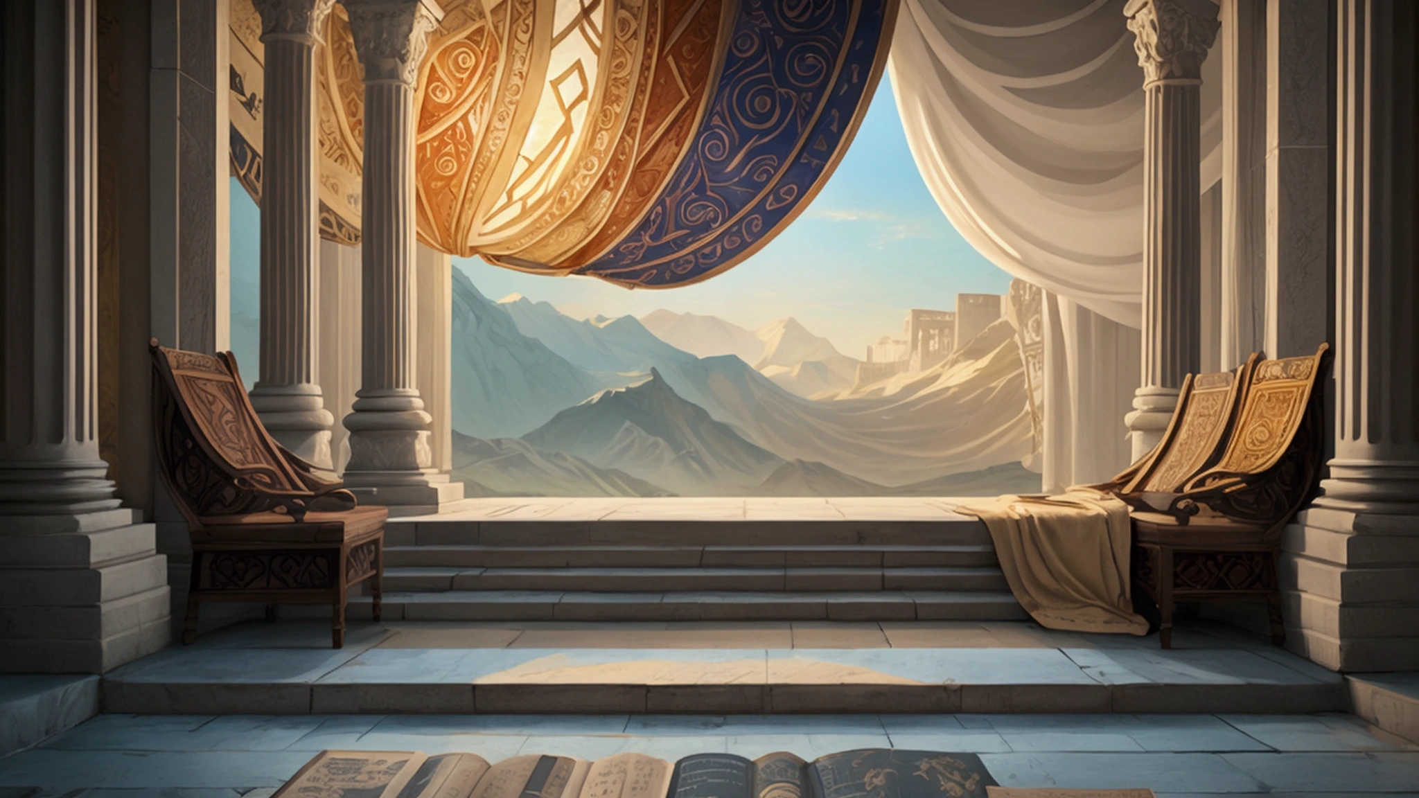 "Description: Illustrate the richness and complexity of biblical literature by integrating various prophetic elements and interpretative approaches.
Details:
Imagery: Create a layered visual with elements from different interpretations woven together, such as a scroll or book with symbols from each perspective emerging from its pages.
Color Scheme: Use rich, deep colors and intricate patterns to convey the depth and complexity of the text.
Background Elements: Feature ornate designs or abstract patterns that symbolize the intricate nature of biblical literature."