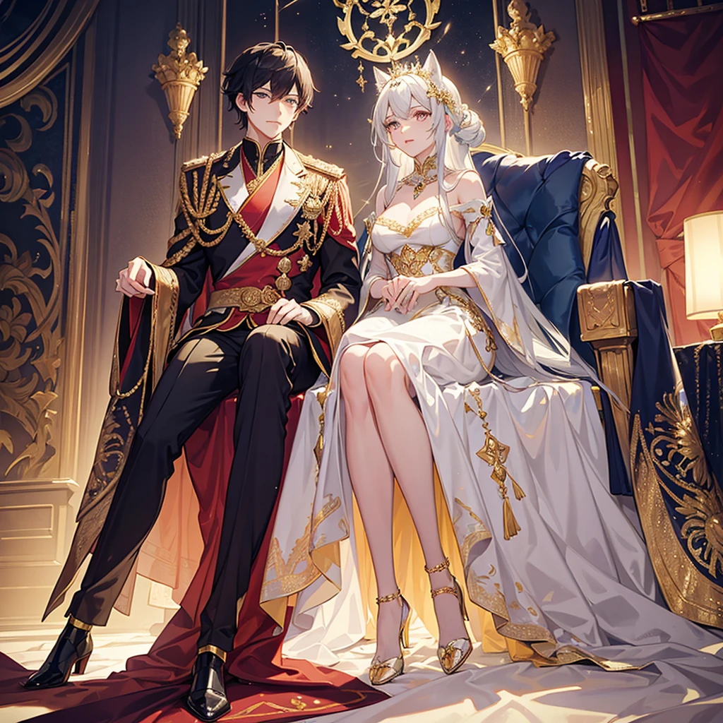 Make me a hybrid male king and female queen,  elegant, expensive and colorful clothes, I want something elegant that represents the monarchy, they need to have animal ears and a delicate face, they need to have a tail and a serious face 