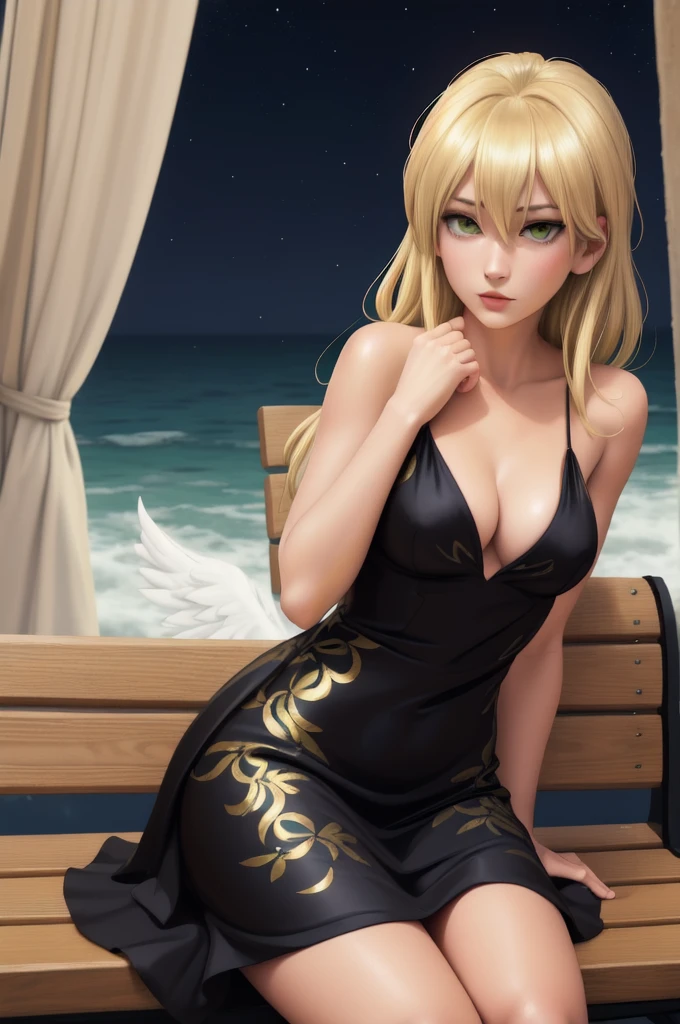 fubuki + Angel with blonde hair, red ends, shiny, smooth and silky fire, striking green eyes and elegant short dress in gold black colors with a ha ha ha print sitting facing forward on a bench with a galaxy in the background falling black petals super quality perfect anime 2.5D death note style strong strokes manga realistic quality niji 6v ultra detailed graphics