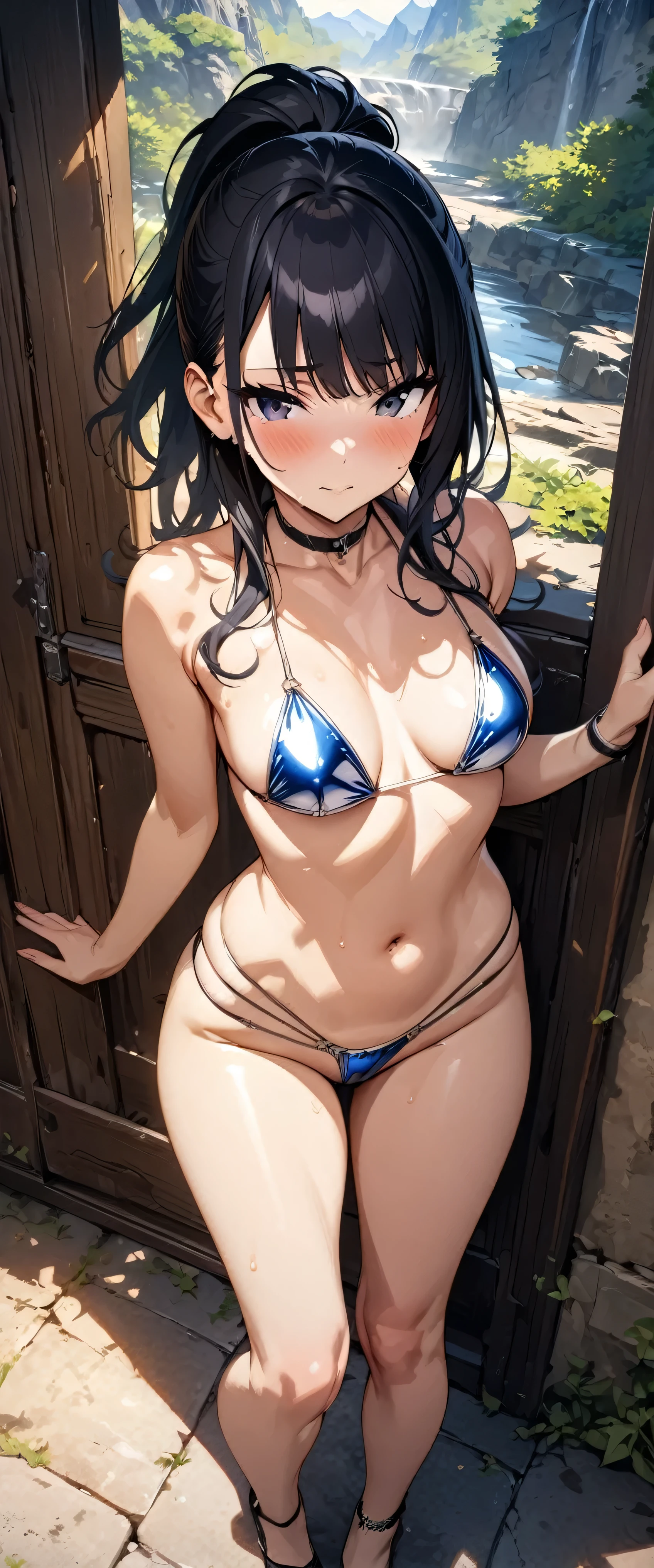 (masterpiece),(best quality),(ultra-detailed),(best illustration),(best shadow),(absurdres),(detailed background),(very aesthetic),hiori kazano, ponytail, black hair, black eyes,,metallic verymicrobikini