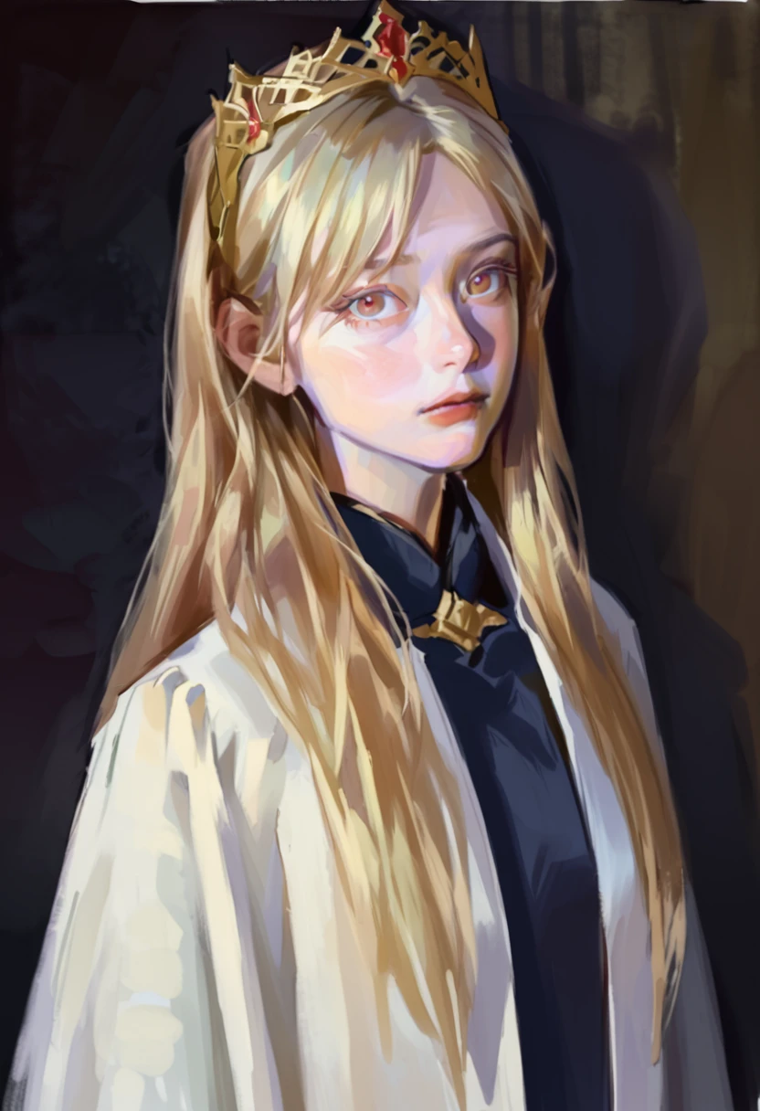 score_9, score_8_up, score_7_up, score_6_up, score_5_up, score_4_up, fkey70, A blonde girl standing, royal clothes, no tiara, loose long hair, black background, dramatic diagonal lighting, painterly, realistic painting, soft feature, detailed clothes, detailed, rembrandt lighting, artwork of upper body
