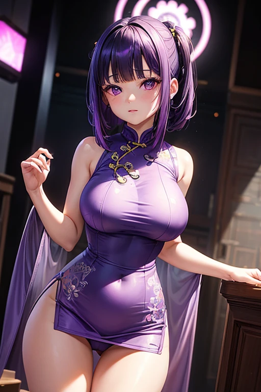 Cheongsam Girl，half up,purple hair,purple eyes,by the wide，blunt bangs,cowboy shot,pure white background，big breasts,Depth of written limit，Calf level view，Overclocked renderer，cinema lighting，masterpiece,Ultra-fine，Very detailed，complicated，cinematic perspective，computer generated art，mirandome,