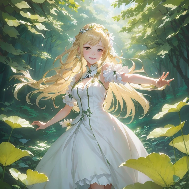 anime girl in white dress standing in a forest with green leaves, cushart krenz key art feminine, in dress, a maid in a magical forest, blonde - haired princess, guweiz on pixiv artstation, blonde anime girl with long hair, smiling as a queen of fairies, high detailed official artwork