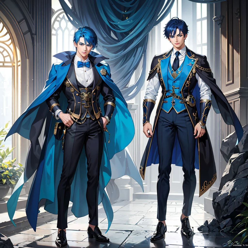 masterpiece, Best Quality, painting of ((a strikingly handsome and muscular man with short vibrant blue hair and captivating blue eyes.)), dressed in an intricate dark blue costume, vest, inspired by water, steampunk, exuding confidence, depicted in a dynamic full body pose from head to toe. full body.