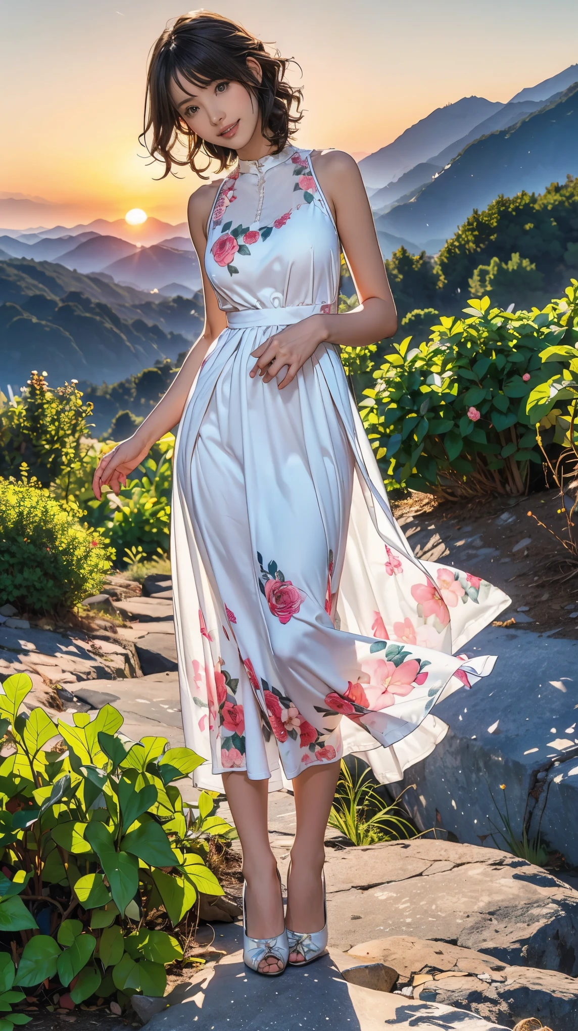 ((masterpiece)),(((Highest quality))),A low-angle shot that highlights beautiful thighs:1.5,Long legs,The best smile:1.5，Slim figure:1.5，whole body:1.5，(One Girl:1.3),(Viewer Display:1.4)，(Pointy high heels:1.3),(Standing with legs apart on top of a mountain in the setting sun:1.2),(Wear a long skirt dress with floral or plant patterns:1.2),Curly Hair:1.5，