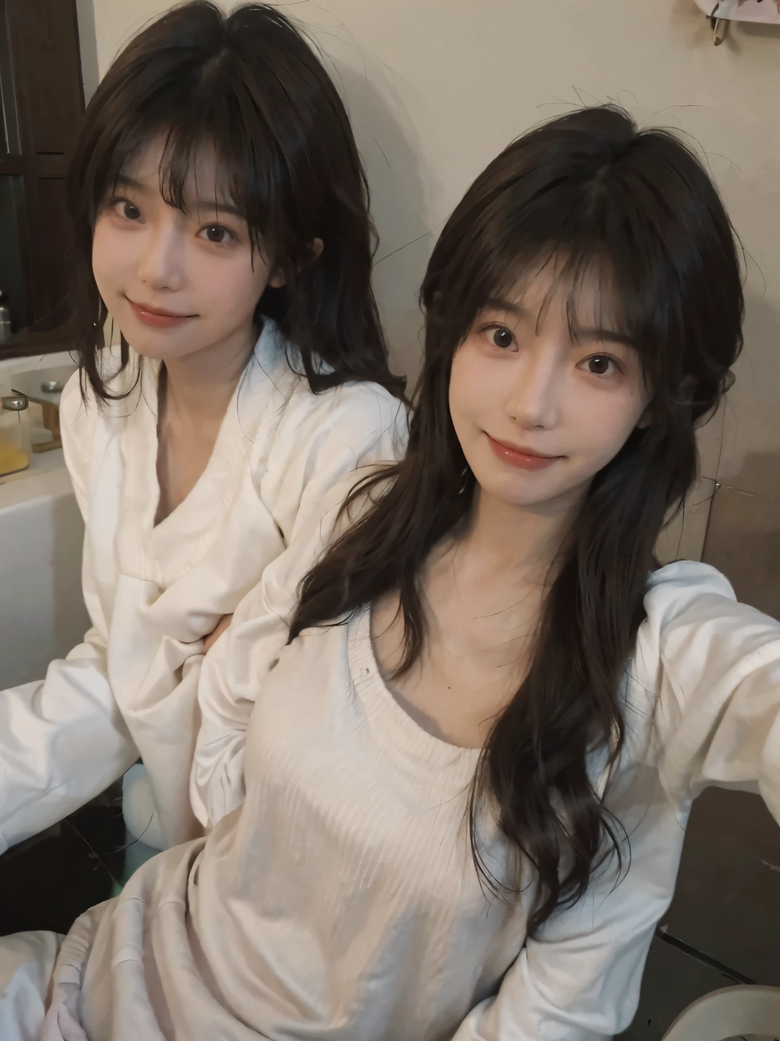 Best quality,Ultra-high resolution,(Realism:1.4),Cute hairpin,Baoyu Girl,1Girl,Beautiful woman with a slim figure:1.4,Abdominal muscles:1.1,(Brown hair,Mid-chest:1.3),pink long sweater:1.1,bathroom,Super delicate face,Exquisite eyes,Double eyelids,Smile