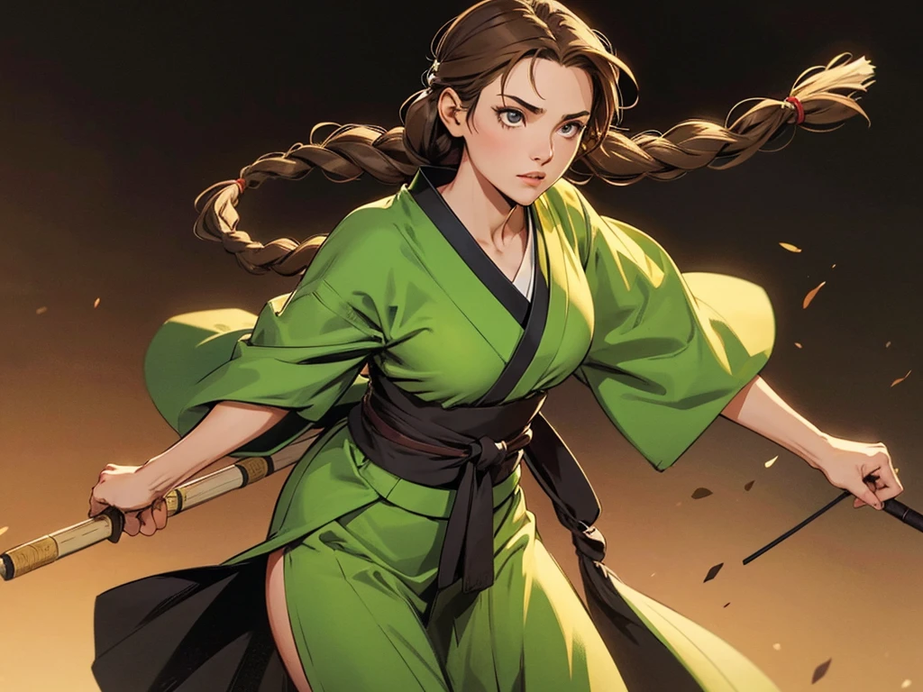 Txt2Img An agile young woman, wearing a dark green kimono. Your longbow is made of reinforced bamboo, and her light brown hair is tied in a braid. manga style, Black and White Background