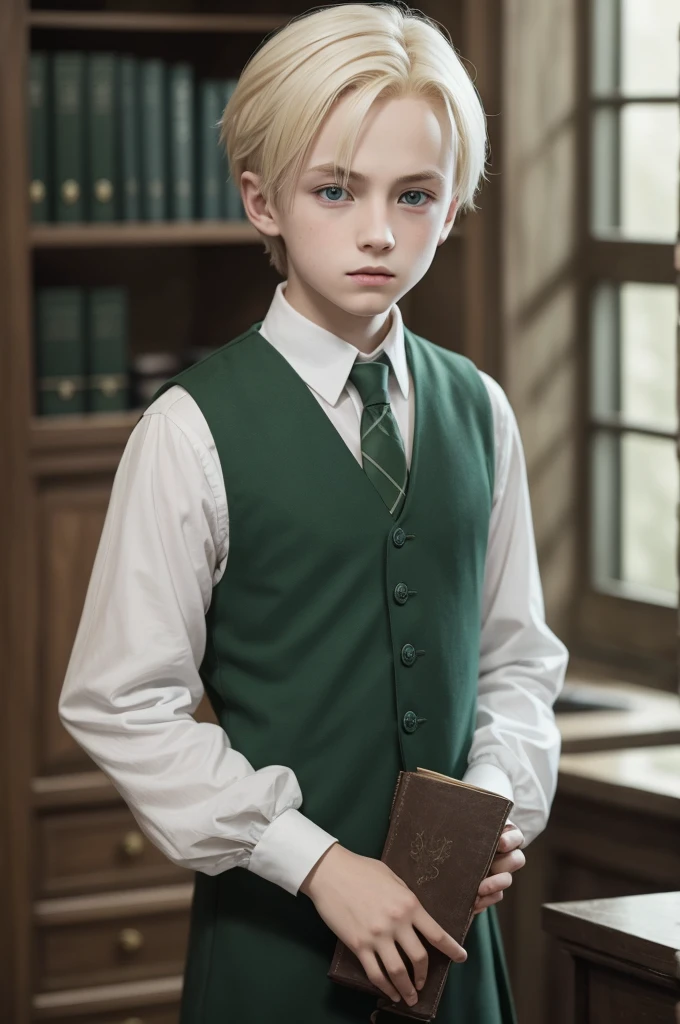 Boy with hair like Draco Malfoy brown boy with Slytherin decoration