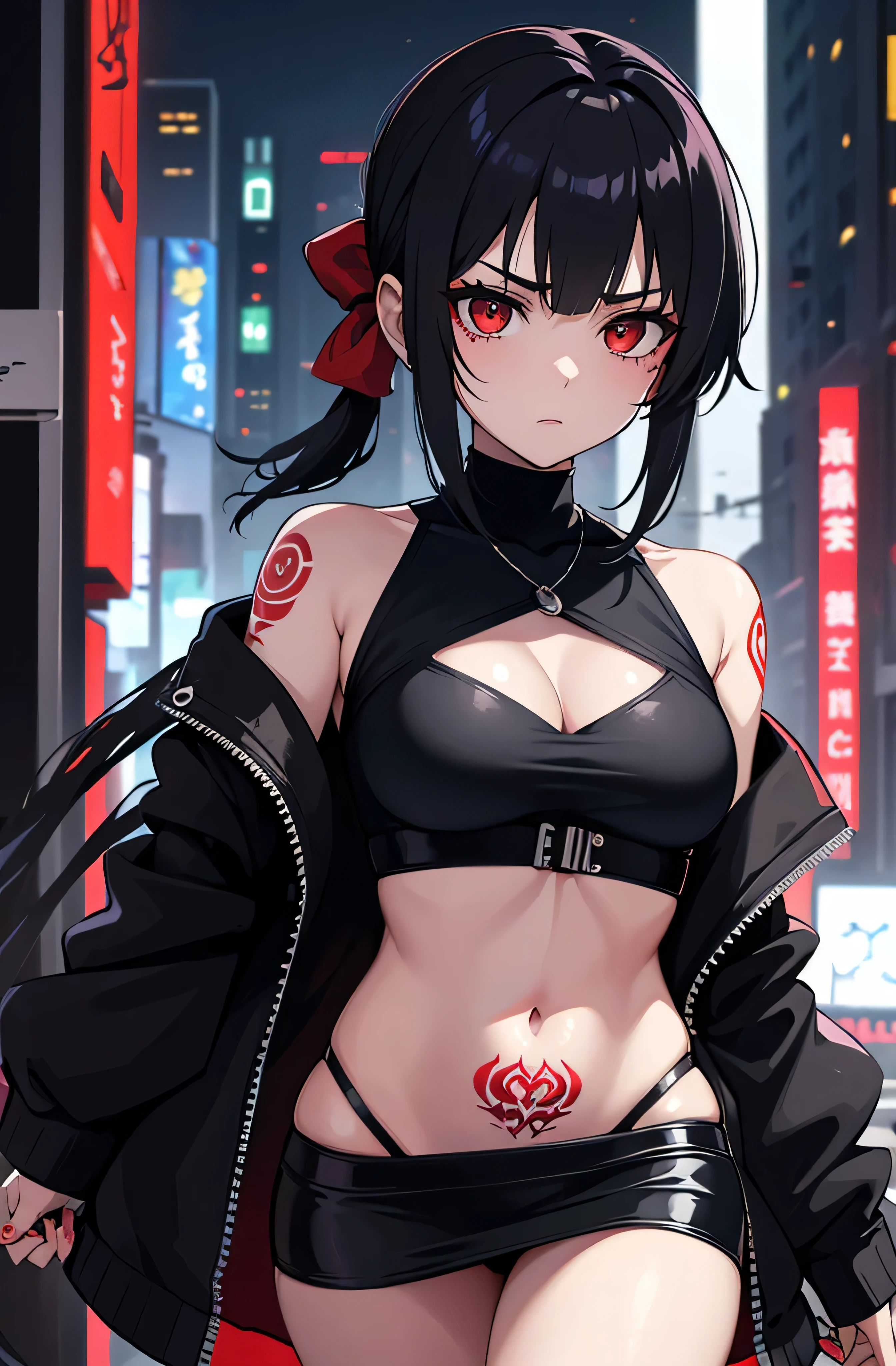 une fille, regard froid, regard inexpressif, Red eyes, black hair tied, saber in the back, tattoo, gangster, Yakuza, Aesthetic, cyberpunk, seductive cyberpunk dark fantasy, 
