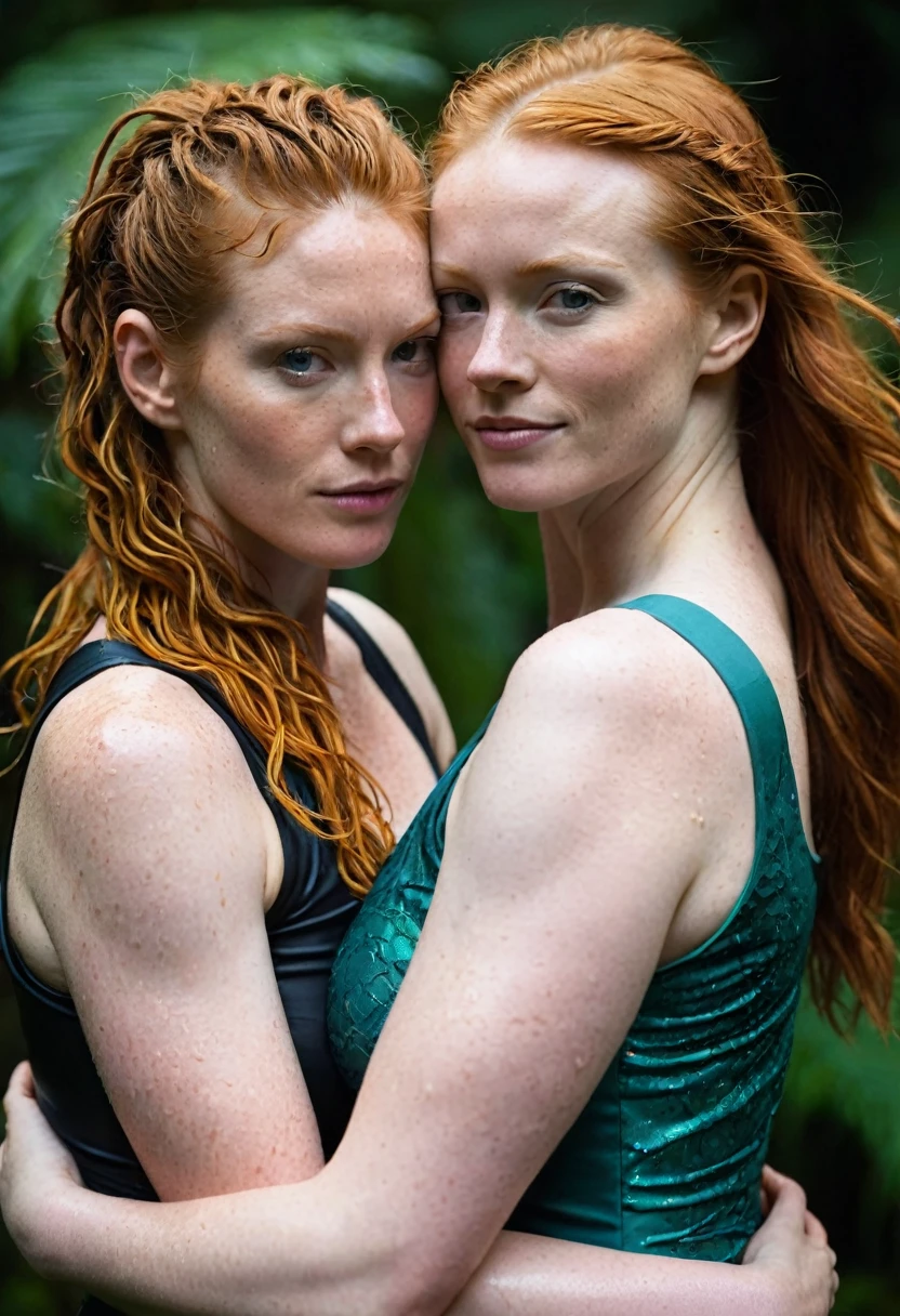 A very close up torso half body view professional portrait of Two very muscular and strong extremely pale scottish ginger women, a close up 1980s torso view outdoor wet scottish rainforest night time portrait a couple of athletic muscular scottish rainforest women standing next to each in a close mutual embrace hugging position while facing each other , both women wearing oversized capsleeve dresses, armpit area are opened up, deep hollow armpits, both women have long dreadlocks
Cap sleeves are designed to cover the shoulder but not extend fully over the arm, often ending just past the shoulder. In this case, the woman's cap-sleeve gown is short enough that her armpits are visible. This could be due to the design of the shirt, or it could be a result of the pose she's striking. backlit
The hugging style you're describing is often referred to as the "Mutual Embrace" or "Close Embrace." Here is a detailed explanation of this hugging position:
### Mutual Embrace (Close Embrace)
- **Arm Placement:** Both individuals have their arms wrapped around each other’s neck and shoulders. Each person’s arms typically rest on the other’s upper back or shoulders.
- **Body Orientation:** The two women are facing each other directly, allowing for full frontal contact.
- **Proximity:** Their torsos are close, often with their chests touching, creating a sense of warmth and intimacy.
1. **Initial Contact:** The embrace usually begins with both individuals moving towards each other with open arms.
2. **Arm Engagement:** As they get