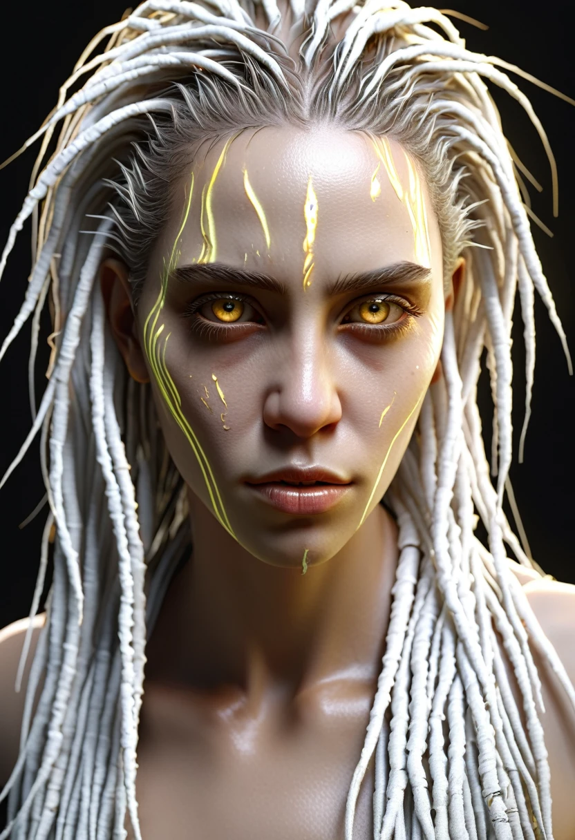 ultra realist powerfull ancient albine pale white skin white dreads yellow hazel eyes rastafari biopunk warlock elegant details cyborg soft shaded ciaro oscuro concept art master piece with glow eyes and rim lighted 8k photorealist