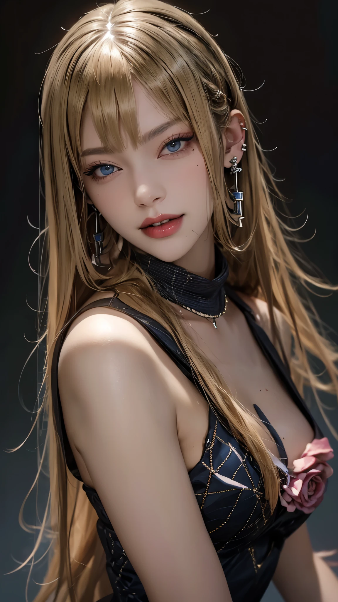 A stunning digital portrait of a young woman with cascading blonde locks and piercing blue eyes, rendered with incredible realism and lifelike detail
