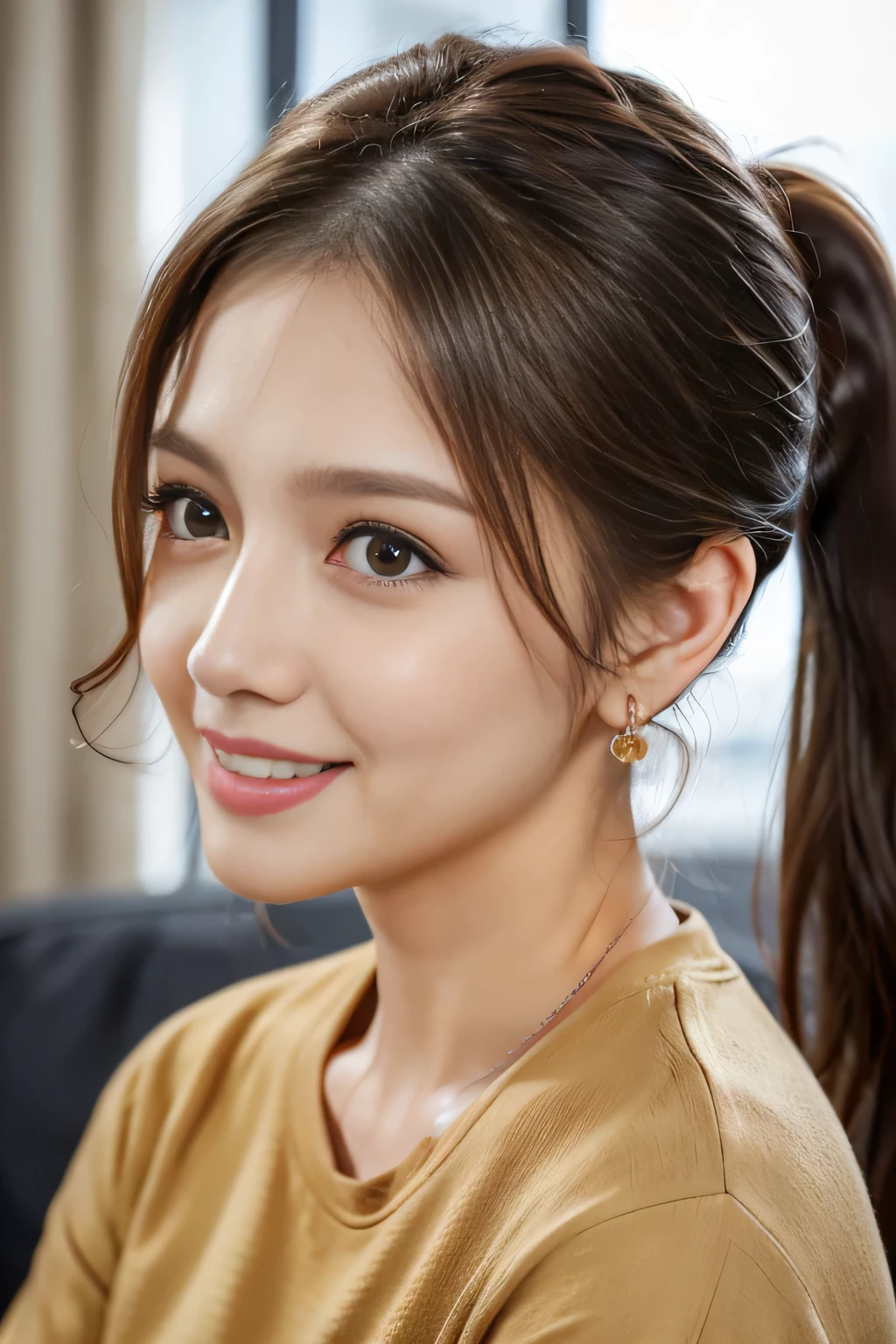 light brown hair, ponytail、All of her hair is slicked back, It is tied so tightly that the shape of the head is visible.、widow's peak, Small eyes、tareme, amber eyes, heart earrings, Open your mouth wide and laugh, depth of field, first-person view, uhd, anatomically correct, textured skin, super detail, best quality、T-shirt、Close-up photo of face from the front、
