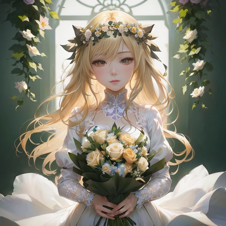 anime girl with long blonde hair holding a bouquet of flowers, in dress, guweiz on pixiv artstation, beautiful anime portrait, guweiz, guweiz on artstation pixiv, cute anime waifu in a nice dress, violet evergarden, blonde - haired princess, beautiful anime girl, anime visual of a cute girl, zerochan art