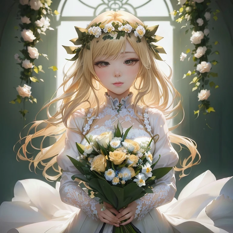 anime girl with long blonde hair holding a bouquet of flowers,  in dress, guweiz on pixiv artstation, beautiful anime portrait, guweiz, guweiz on artstation pixiv, cute anime waifu in a nice dress, violet evergarden, blonde - haired princess, beautiful anime girl, anime visual of a cute girl, zerochan art