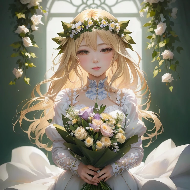 anime girl with long blonde hair holding a bouquet of flowers,  in dress, guweiz on pixiv artstation, beautiful anime portrait, guweiz, guweiz on artstation pixiv, cute anime waifu in a nice dress, violet evergarden, blonde - haired princess, beautiful anime girl, anime visual of a cute girl, zerochan art