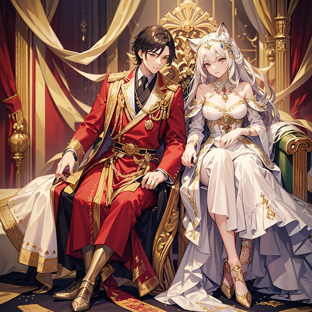 Make me a hybrid male king and female queen, elegant, expensive and colorful clothes, I want something elegant that represents the monarchy, they need to have animal ears and a delicate face, they need to have a tail and a serious face, straight couple sitting on royal thrones