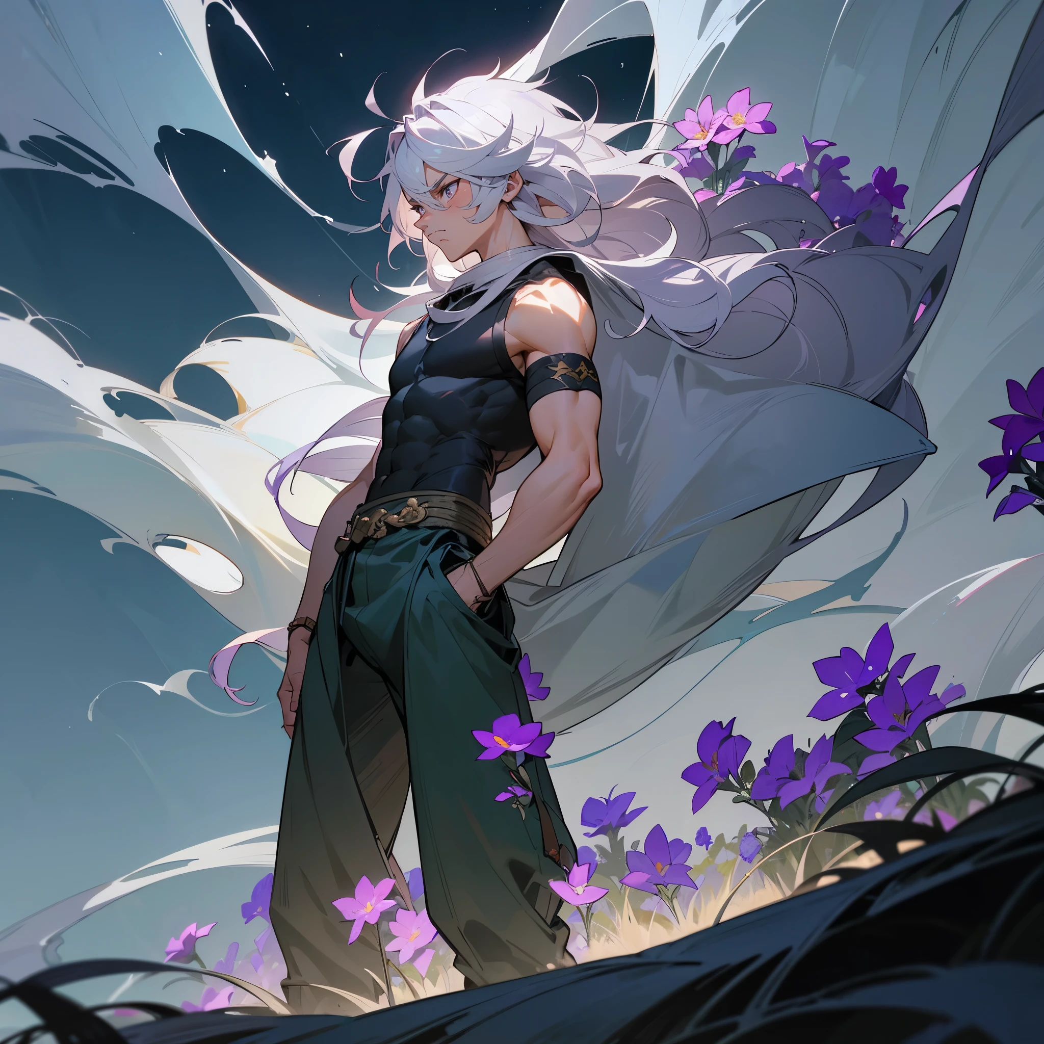 1male, muscular, young , finely detailed lavander eyes, wild long hair, messy hair, seashell white color hair, adventurer gear, sleeveless shirt, baggy combat pants, night time, dark forest, somber expression, angry, flowers, standing on path, lanturns, black armband, cut over eyebrow