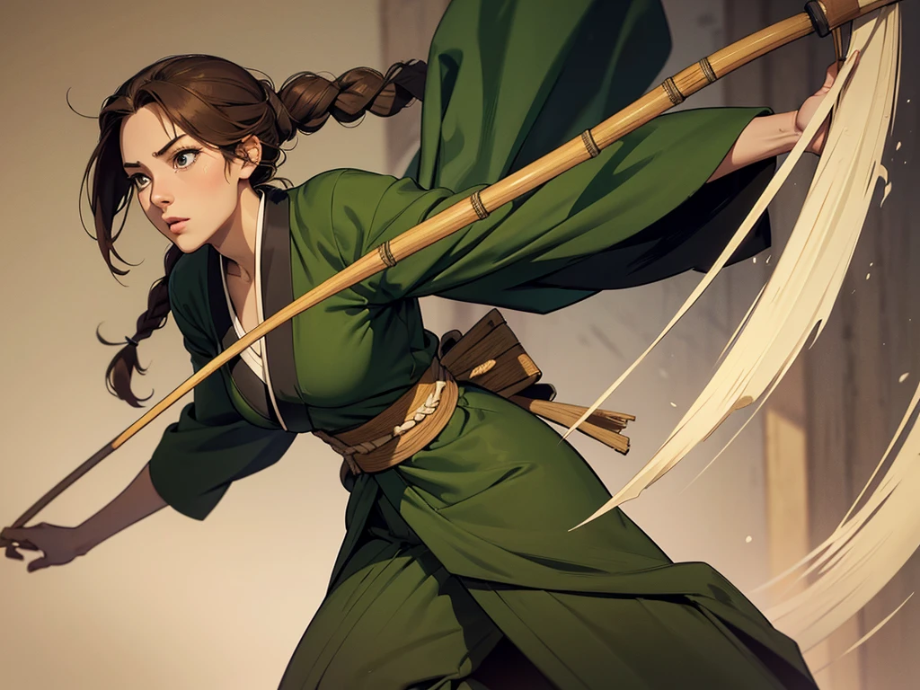 Txt2Img An agile young woman, wearing a dark green kimono. She carries with her a long bow that is made of reinforced bamboo., and her light brown hair is tied in a braid. manga style, black and white image