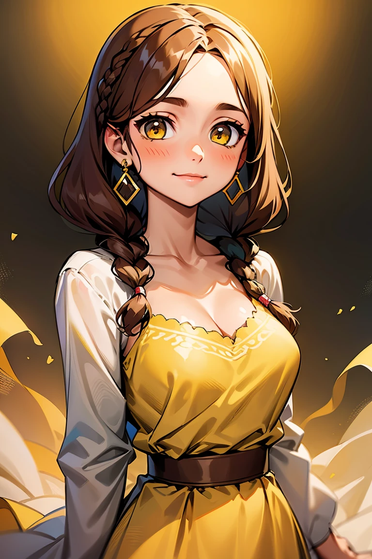 1girl, solo, jewelry, braid, earrings, long hair, brown hair, looking at viewer, smile, simple background, upper body, yellow eyes, yellow theme, yellow background, closed mouth, breasts, dress, twin braids, long sleeves, collarbone, medium breasts