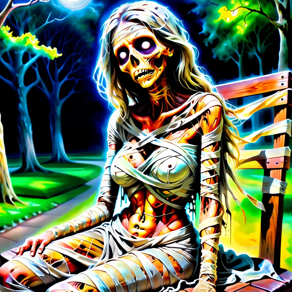 Breathtaking, Hyper detailed, watercolor, instantly and violently, mummified girl, big tits, barefoot, Wearing dull and torn mummy cloth, the darkness within, sitting on a park bench, Horror effect, abstract effect, destruction effect, light effect, circular light effect. Gives the impression of being surrounded by light. Grave geometric wave light background