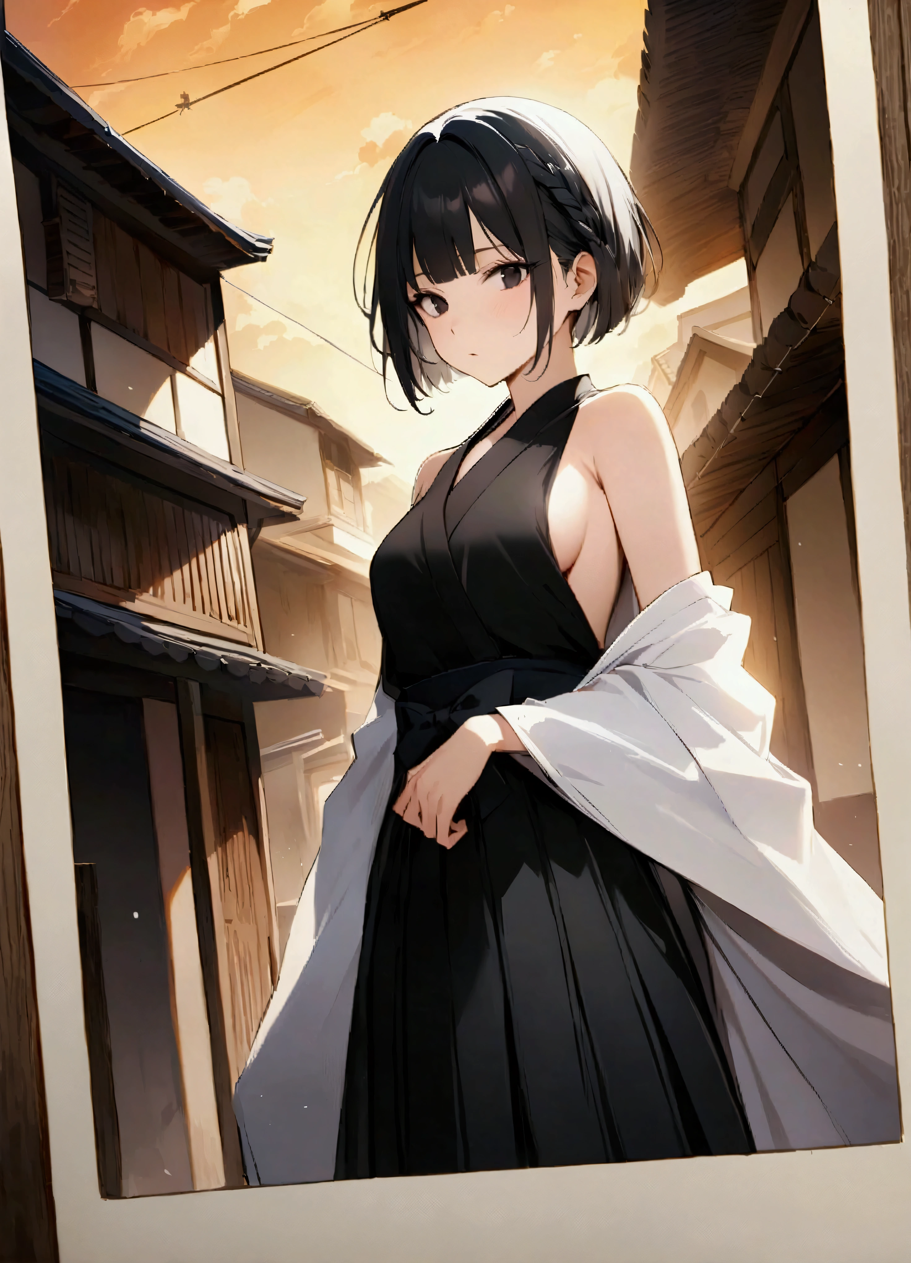 score_9,score_8_up,score_7_up,Soifon,Bleach,Soifon（Bleach）,Bleach,黒Hakama,Turning Zangetsu（Bankai）,白包bandBraid,Braid,ツインBraid,Bobcut,Hime cut,Soifon,One person,solo,Sideboob,Short Hairに長髪,chest,Sleeveless,kimono,See who&#39;s watching,Black Hair,Are standing,Short Hair,小さいchest,黒Hakama,skirt,Hakama,clavicle,black eye,bangs,鈍いbangs,Character Name,Hakamaskirt,Shoulder Bare,Black kimono,band,A tense shot,(Visual impact,Give your poster a dynamic and visually striking look：1.2),High-impact photos,(masterpiece,Best Quality：1.2),Official Art,Cinematic Perspective,Ad Style,Magazine Cover,Very aesthetic、Disheveled Hair、Very aesthetic、An illustration、Disheveled Hair、Perfect composition、Moisturized skin、Intricate details、emotional expression、Golden Hour、型破りな最高masterpiece、Stunning details、Calm atmosphere、High-quality texture、Fashion photography style、Magazine Cover、Dynamic angle、Dynamic posture、