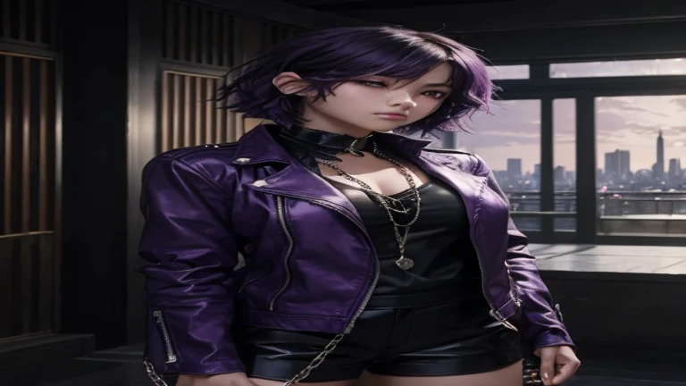 (1 girl:1.3),Alone,__body parts__, official art, unity wallpaper 8k, ultra detailed, Closeup on face, beautiful and aesthetic, gorgeous, masterpiece, Best Quality, fantastic atmosphere, Soothing palette, calm mood, Soft shading, miko priestess, charm spell, family talisman, priestess duties, dark aesthetic, Suit and tie with black leather shorts with many chains around the body and a black leather jacket., The city of Tokyo in the background, (short messy purple hair),