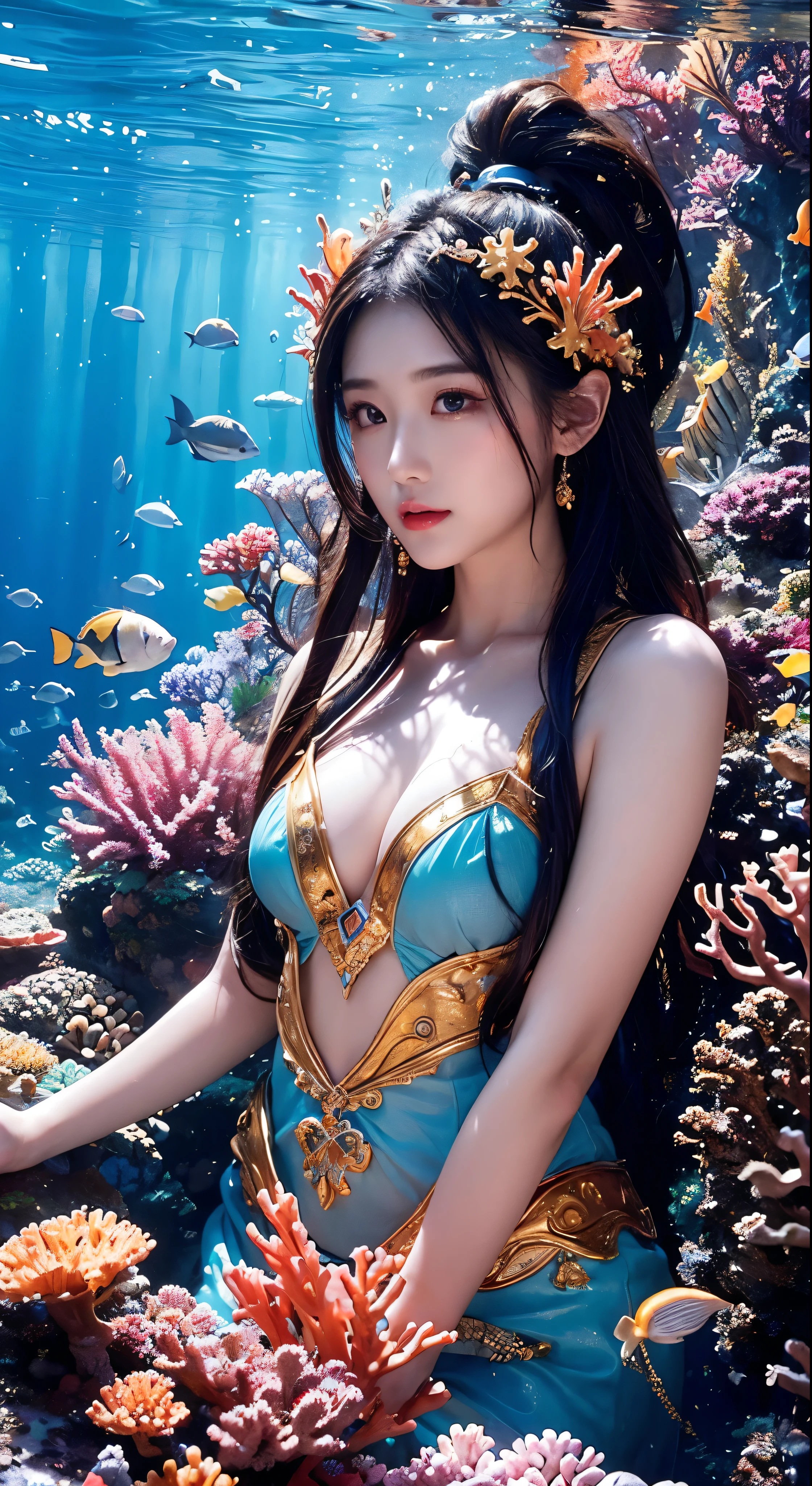 (masterpiece、Highest quality:1.2)、Super Detail、Cinematic lighting、HDR、Underwater world、The Goddess as her habitat in the sea、colorful、Beautiful monk、Colorful coral reefs、Very detailed、High contrast、Golden ratio composition、Magnificent view、masterpiece、Facial details