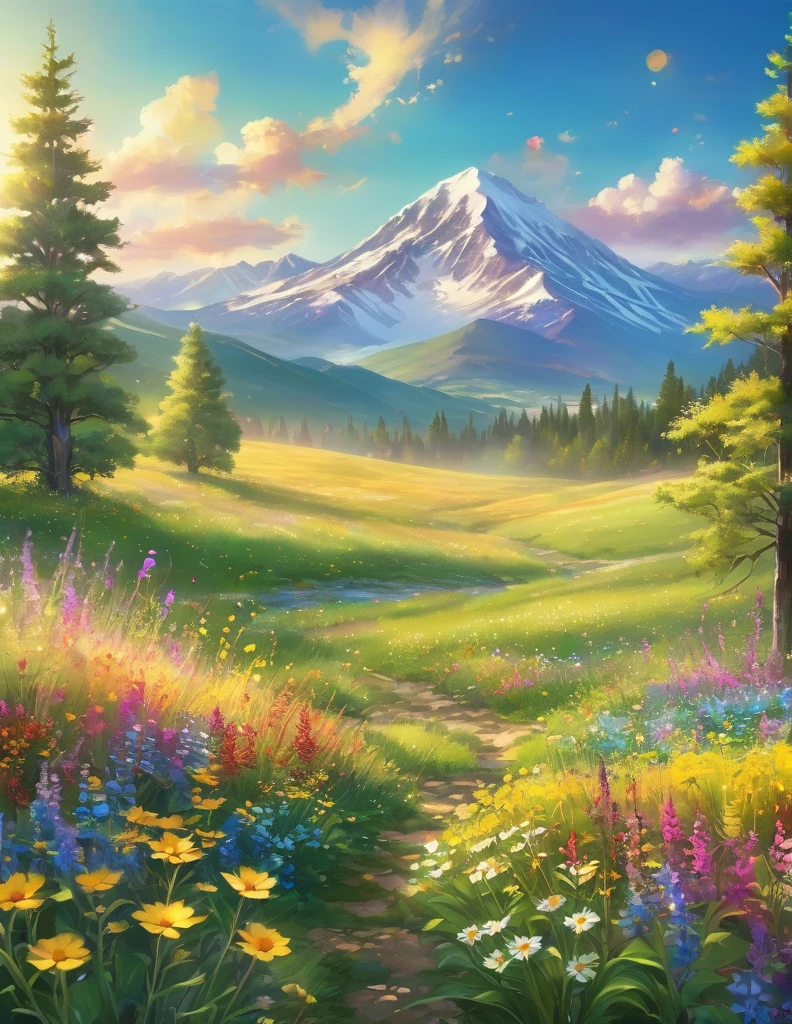 Create an image of a vast lush meadow, brimming with colorful wildflowers in full bloom. In the background, majestic mountains rise against a clear blue sky with slow-moving, fluffy clouds. The scene is sunlit, casting a warm, golden glow over the landscape. Light bokeh adds a dreamy, ethereal quality to the foreground, with tall, vibrant trees dotting the horizon. The style is inspired by Pixiv anime, capturing the whimsical and serene beauty of nature.