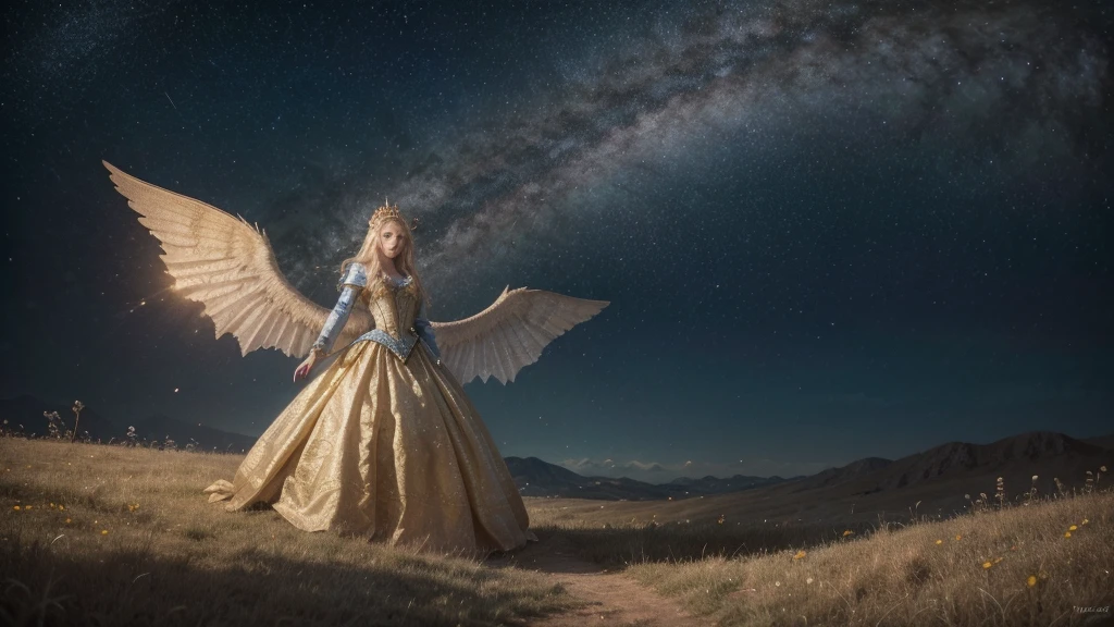 A photorealistic image of a blonde medieval princess in a blue and gold dress standing on a hill covered with colorful flowers. Beside her is a majestic red dragon with glowing eyes and partially spread wings, protecting her. The sky is starry, with magical particles floating in the air. In the background, a medieval castle lit by torches can be seen. The scene is realistic and detailed, capturing the magical atmosphere with a touch of enchantment. {high resolution, 4K, ultra-detailed, photorealistic, realistic lighting, dynamic shadows, intricate details, vibrant colors, depth of field}
