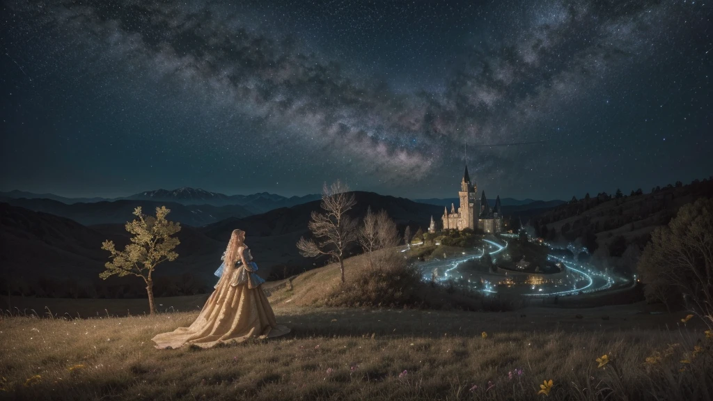 A photorealistic image of a blonde medieval princess in a blue and gold dress standing on a hill covered with colorful flowers. Beside her is a majestic red dragon with glowing eyes and partially spread wings, protecting her. The sky is starry, with magical particles floating in the air. In the background, a medieval castle lit by torches can be seen. The scene is realistic and detailed, capturing the magical atmosphere with a touch of enchantment. {high resolution, 4K, ultra-detailed, photorealistic, realistic lighting, dynamic shadows, intricate details, vibrant colors, depth of field}
