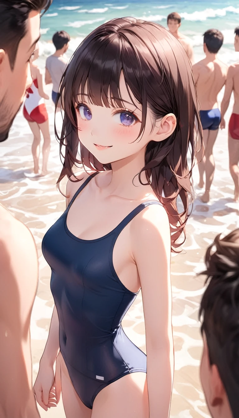 高いquality illustration, masterpiece, Very delicate and beautiful, Attractive girl,(School Swimsuit、紺色School Swimsuit), Audience reaction,thin,Slender body,slim,Beach、beach、Ocean、Crowd in swimsuits、Surrounded by men in swimsuits,Beautiful Eyes,(masterpiece, Highest quality:1.2), High res, Very detailed CG ユニティ 8k 壁紙, Perfect lighting, colorful, Ultra-high res,4K,Very detailed, photograph, 8k, High resolution,Cowboy Shot,Very young、blush、smile