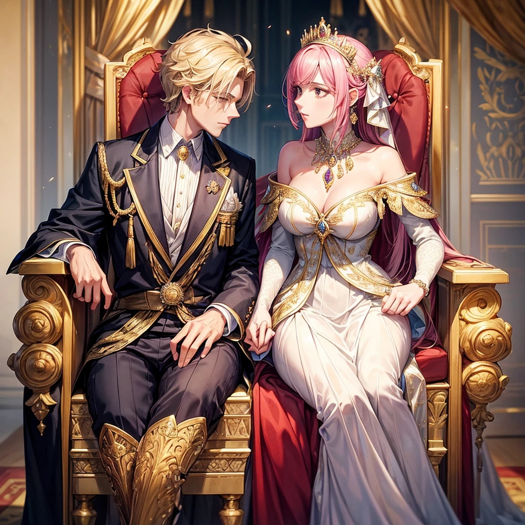 Make me a hybrid male king and female queen, elegant, expensive and colorful clothes, I want something elegant that represents the monarchy, they need to have animal ears and a delicate face, they need to have a tail and a serious face, straight couple sitting on royal thrones