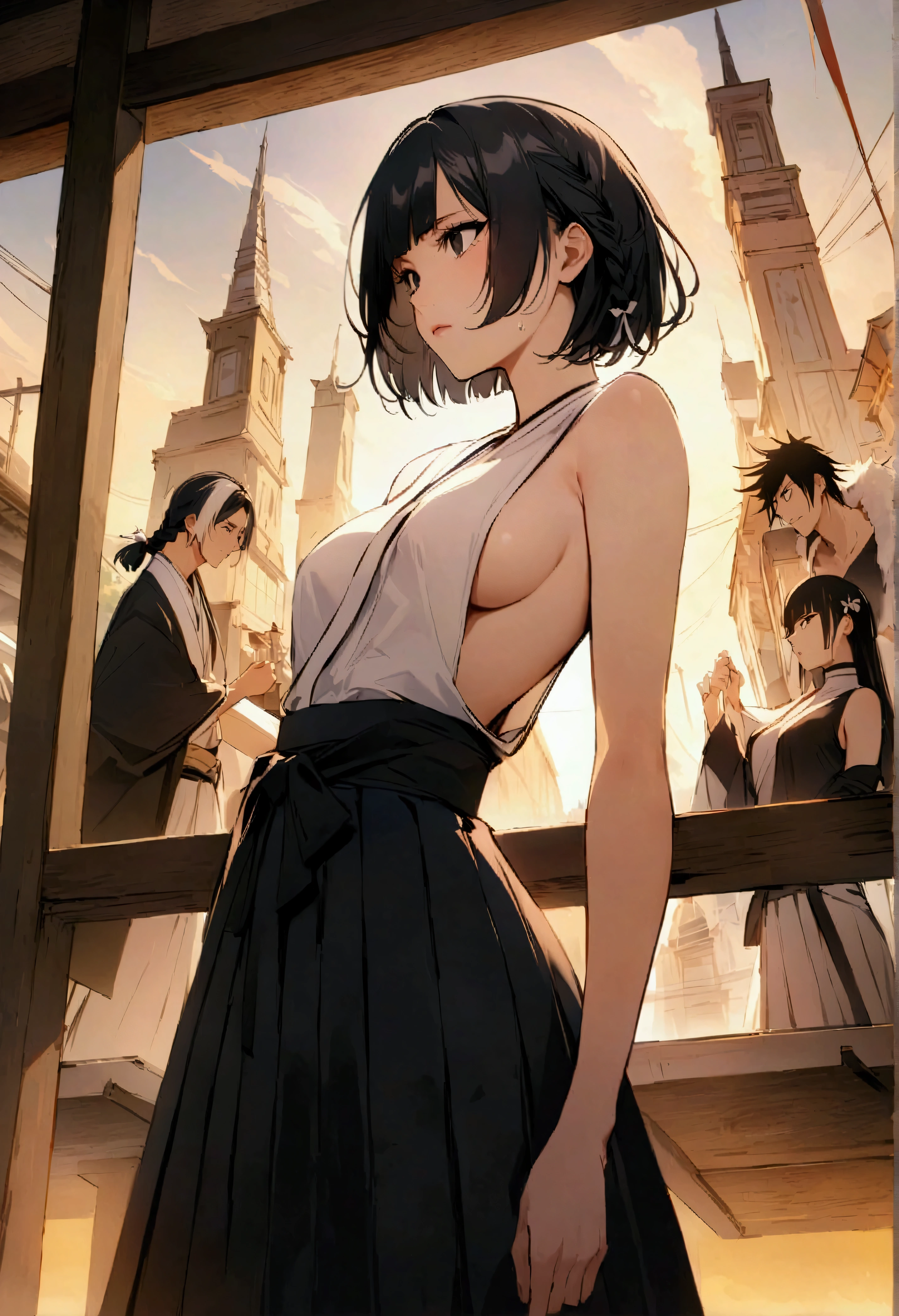 score_9,score_8_up,score_7_up,Soifon,Bleach,Soifon(Bleach),Bleach,黒Hakama,Turning Zangetsu(Bankai),白包bandBraid,Braid,ツインBraid,Bobcut,Hime cut,Soifon,One person,solo,Sideboob,Short Hairに長髪,chest,Sleeveless,kimono,See who's watching,Black Hair,Are standing,Short Hair,小さいchest,黒Hakama,skirt,Hakama,clavicle,black eye,bangs,鈍いbangs,Character Name,Hakamaskirt,Shoulder Bare,Black kimono,band,A tense shot,(Visual impact,Give your poster a dynamic and visually striking look:1.2),High-impact photos,(masterpiece,Best Quality:1.2),Official Art,Cinematic Perspective,Ad Style,Magazine Cover,Very aesthetic、Disheveled Hair、Very aesthetic、An illustration、Disheveled Hair、Perfect composition、Moisturized skin、Intricate details、emotional expression、Golden Hour、型破りな最高masterpiece、Stunning details、Calm atmosphere、High-quality texture、Fashion photography style、Magazine Cover、Dynamic angle、Dynamic posture、