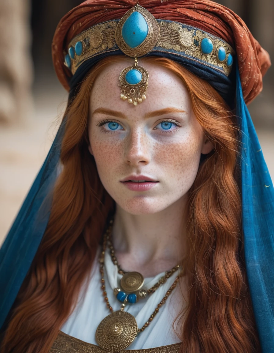 a one woman, Bullish, redheadwear, huge straight hair, blue colored eyes, freckles on the face, ancient royal clothes