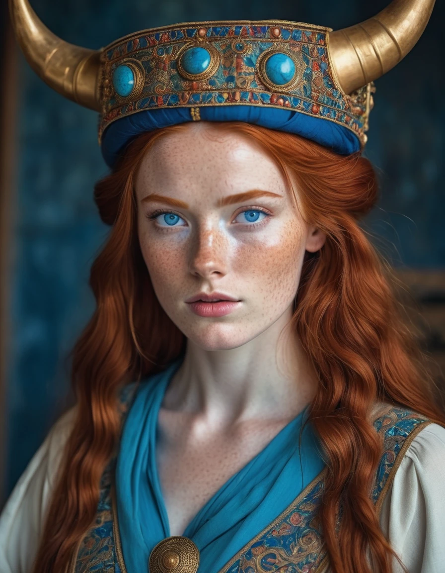a one woman, Bullish, redheadwear, huge straight hair, blue colored eyes, freckles on the face, ancient royal clothes