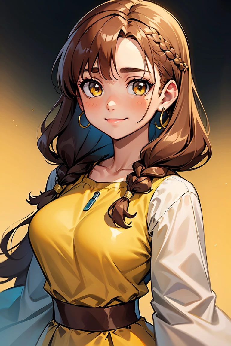 1girl, solo, jewelry, braid, earrings, long hair, brown hair, looking at viewer, smile, simple background, upper body, yellow eyes, yellow theme, yellow background, closed mouth, breasts, dress, twin braids, long sleeves, collarbone, medium breasts