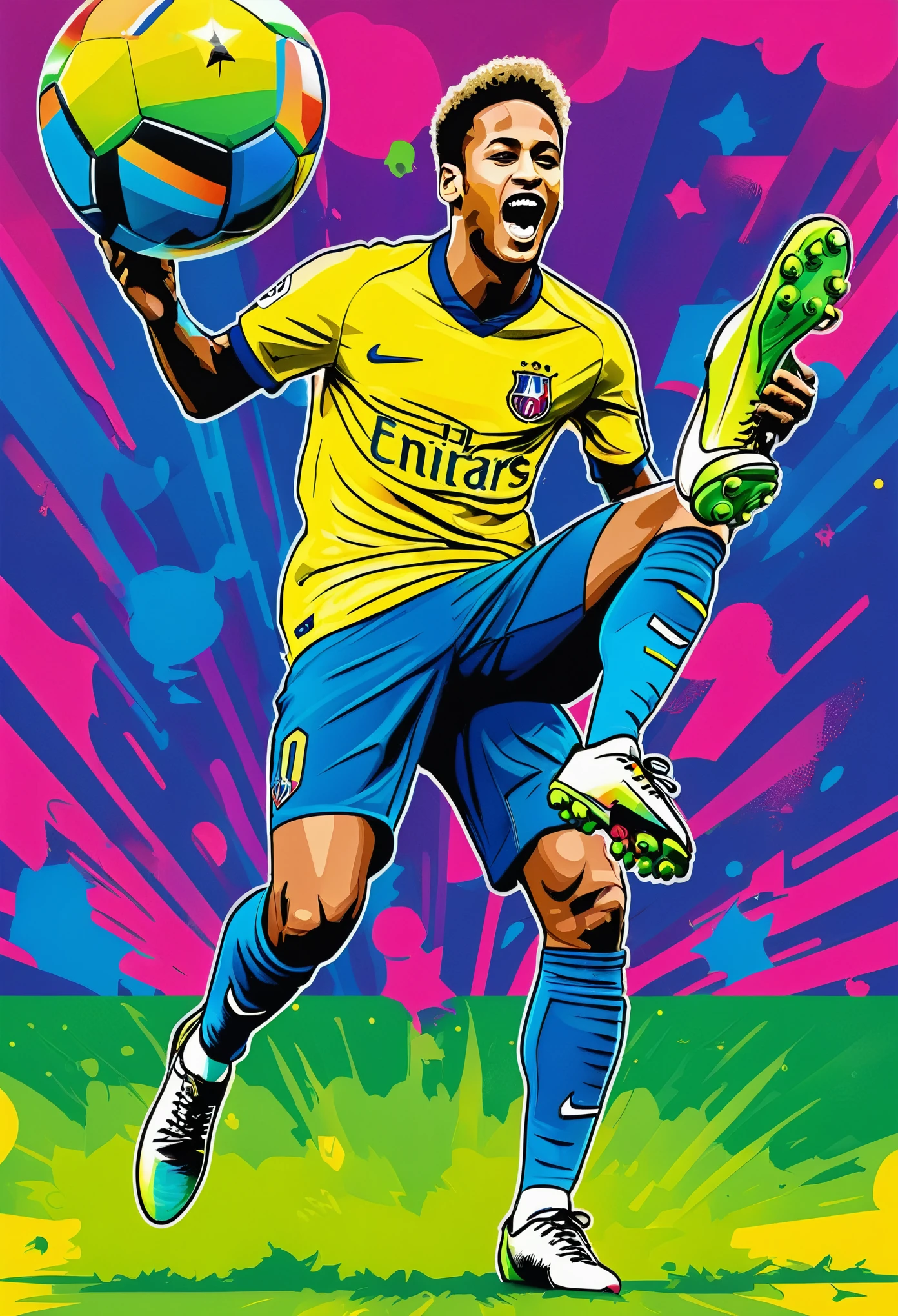 Football player Neymar Jr, lifting trophy, kicking for the goal, pop art style, psychedelic