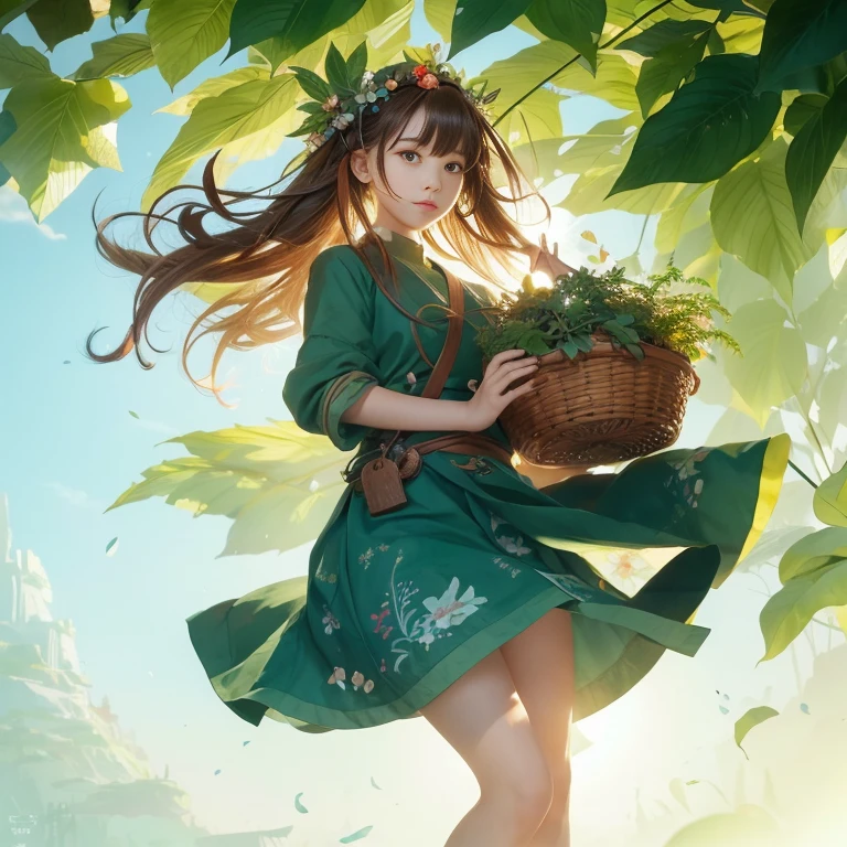 anime girl with a basket of plants in her hand, by Yang J, artgerm and atey ghailan, guweiz, artwork in the style of guweiz, guweiz on pixiv artstation, goddess of nature, by Shitao, by Kamagurka, by Leng Mei, marin kitagawa fanart