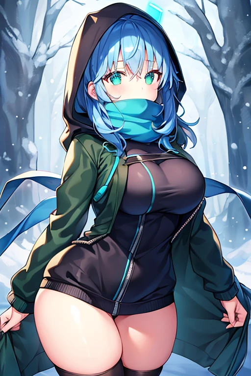 1girl, blue hair, medium hair, large breasts, breasts, green eyes, scarf, covered mouth, jacket, forest, snow, black jacket, hoddie, hooded jacket, hood on, hood up, zipper, gloves, glowing hair, glowing eyes, light blue hair, sky blue hair, night sky, sky, stars, pants, tall, hourglass figure, mature female, thick thighs