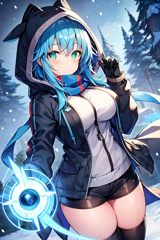 1girl, blue hair, medium hair, large breasts, breasts, green eyes, scarf, covered mouth, jacket, forest, snow, black jacket, hoddie, hooded jacket, hood on, hood up, zipper, gloves, glowing hair, glowing eyes, light blue hair, sky blue hair, night sky, sky, stars, pants, tall, hourglass figure, mature female, thick thighs