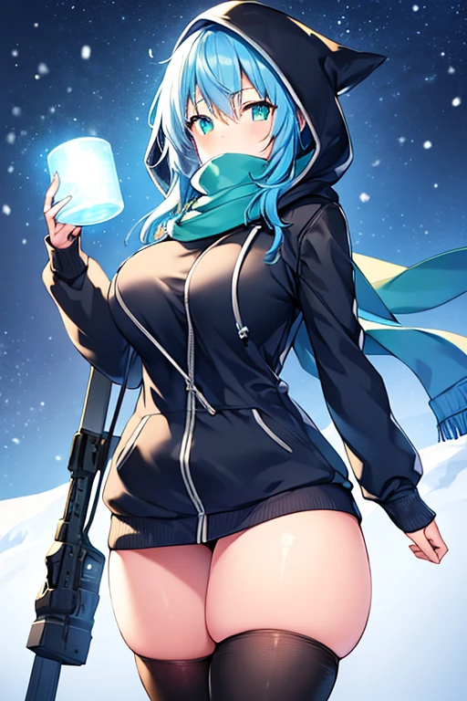 1girl, blue hair, medium hair, large breasts, breasts, green eyes, scarf, covered mouth, jacket, forest, snow, black jacket, hoddie, hooded jacket, hood on, hood up, zipper, gloves, glowing hair, glowing eyes, light blue hair, sky blue hair, night sky, sky, stars, pants, tall, hourglass figure, mature female, thick thighs
