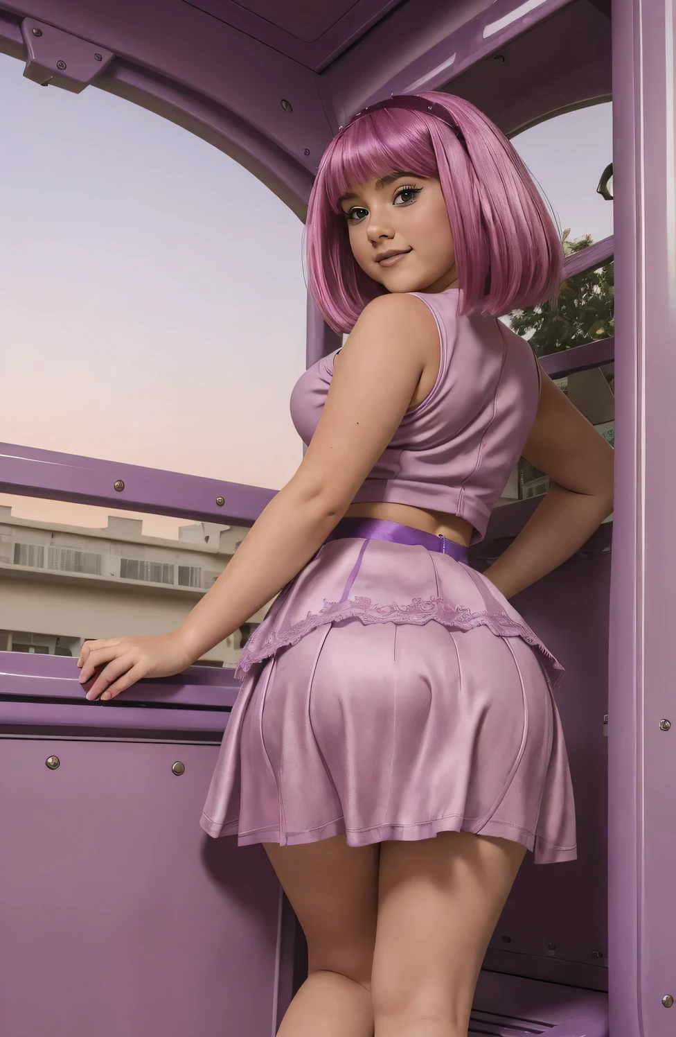 (((Girl ))) ,(sexy girl), short purple minskirt and lace stockings, Stephanie from lazy town high quality ,pinkies Hair,((skirtlift)), (curvy, deep cleavage), big breasts, high quality, (is), from behind