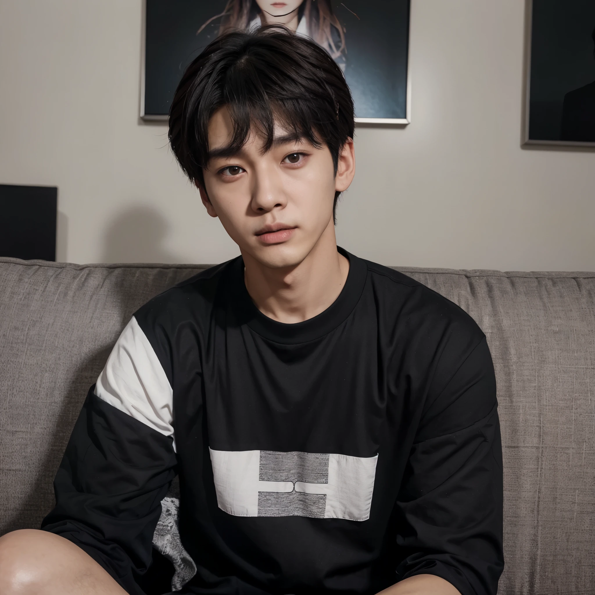 there is a man with a black shirt on sitting on a couch, a picture inspired by jeonseok lee, tumblr, shin hanga, jungkook, cai xukun, hyung tae, taejune kim, kim doyoung, wan adorable korean face, headshot profile picture, shin jeongho, hong june hyung, yanjun chengt, south korean male, jung jaehyun